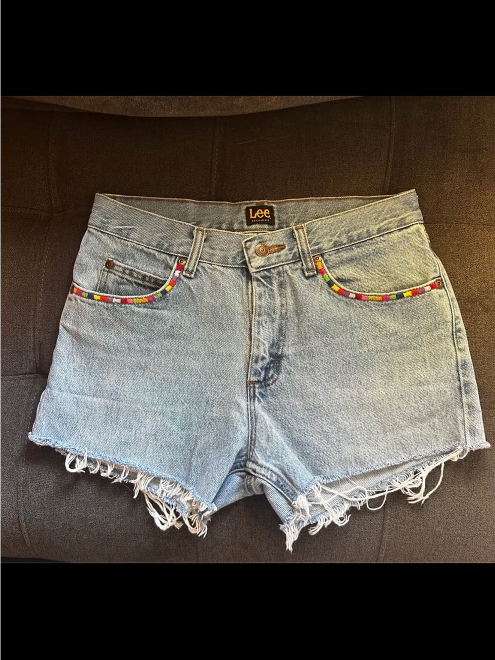 Lee Light Blue Denim Cutoff Shorts with Multicolor Bead Trim
